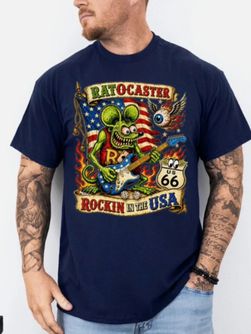 Ratocaster Rockin In The USA Guitar Graphic Navy T-Shirt